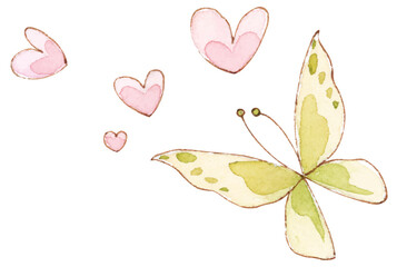Naklejka premium Watercolor Butterfly and Hearts Illustration