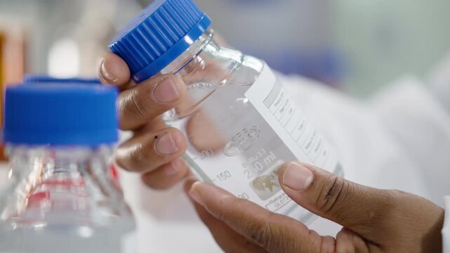 Close shot of a lab professional turning a clear reagent bottle with blue cap to read the printed sample label in a clean lab setting.