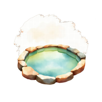 Watercolor illustration of a stone hot spring