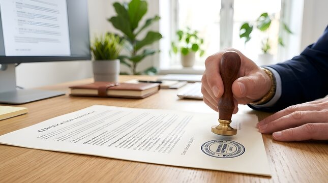 Notary Public Stamping Official Document with Seal on Table