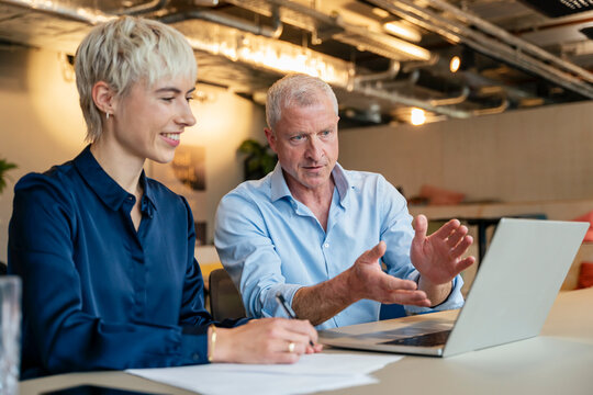 Man and woman plan business on a laptop in the office