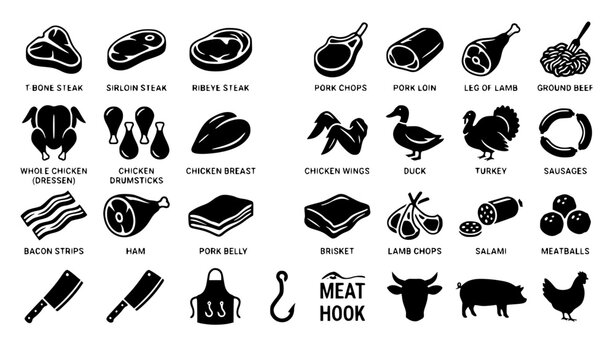 Assorted meat cuts and chicken black vector icon pack