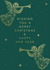 Obraz premium Elegant Christmas and New Year greeting card template with geometric golden angels playing trumpets on dark green background. 
