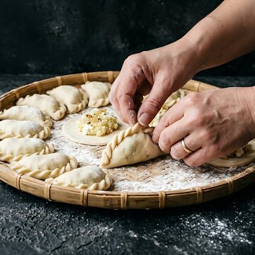 a person is making Argentine beef empanadas, folding and braiding the classic "repulgue" edge of wheat dough discs enclosed with a visible 