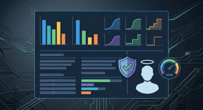 Dark UI dashboard with calibration plots, ROC/AUC metrics and fairness checks.