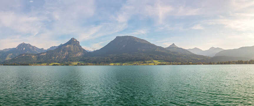 landscape with Lake Wolfgangsee, mountains with mount Sparber, Bleckwand and Wieslerhorn, view from the town of Sankt Wolfgang, Austria