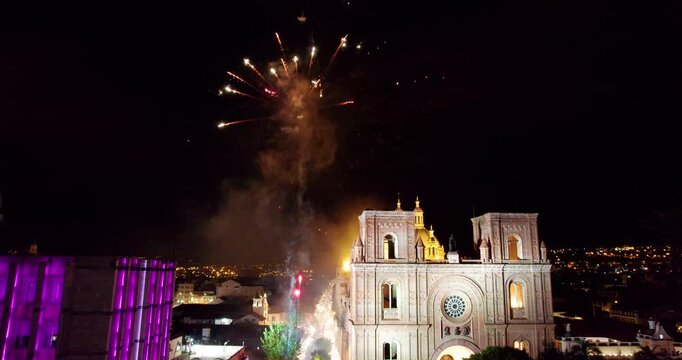 close up aerial drone video flying near the immaculate conception cathedral in cuenca ecuador during the massive corpus christi celebration showcasing beautiful cultural events and historic architectu