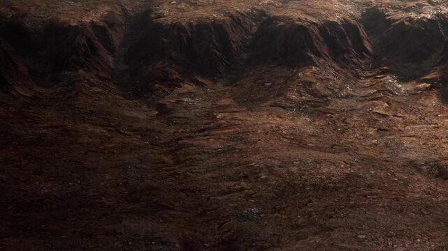 A valley shows uneven ground covered in rough earth. Sunlight highlights the contours and textures of the land. The scene captures natural features of the landscape.