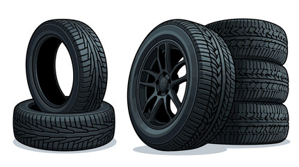 Stacked tires with one standing upright on left and others on right © womaura