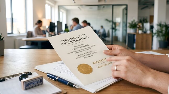 Hands holding Certificate of Incorporation, business registration document, office background