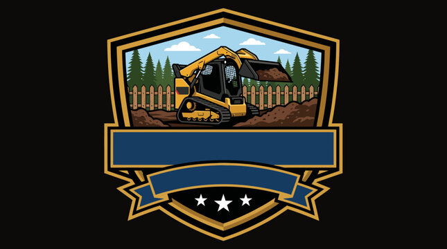 Yellow skid steer loader operating on dirt inside a shield emblem