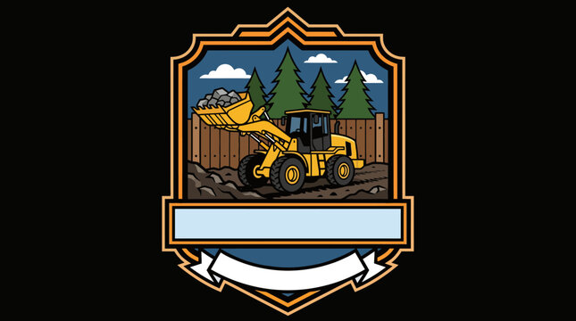 Front end wheel loader moving rocks in a construction shield emblem