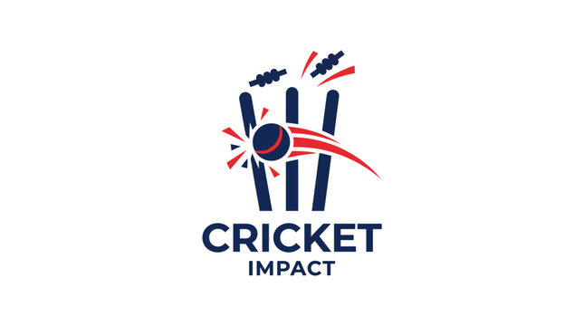 Cricket Impact Logo Illustration with Ball Smashing Wicket Stumps