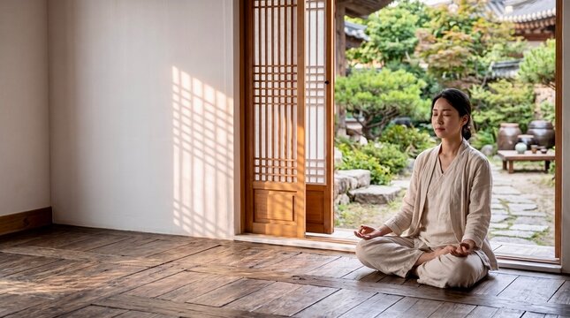 Asian Woman Meditating on Traditional Korean Hanok Wooden Maru Floor with Garden View Morning Light
