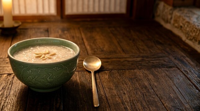 Korean Traditional Sweet Rice Punch Sikhye in Celadon Bowl with Pine Nuts on Dark Wooden Floor