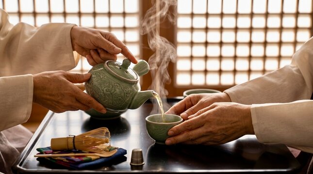 Korean Traditional Tea Ceremony Hands Pouring Hot Tea from Celadon Teapot with Steam Rising