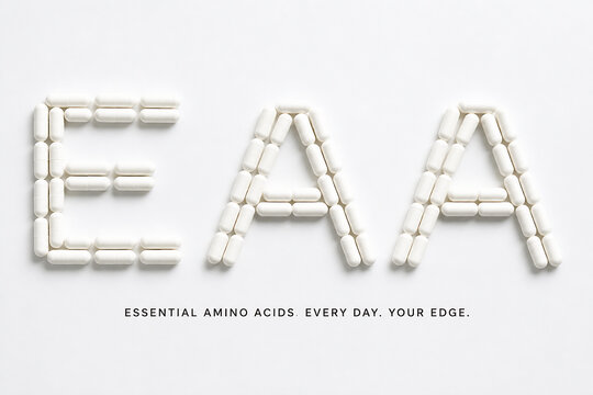White pill letters spelling EAA are displayed against a plain white background with the tagline ESSENTIAL AMINO ACIDS EVERY DAY. YOUR EDGE below them.