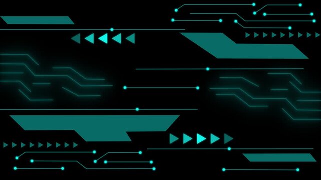Abstract digital circuit hud background, with pulsing neon, teal data lines, and geometric arrows technology