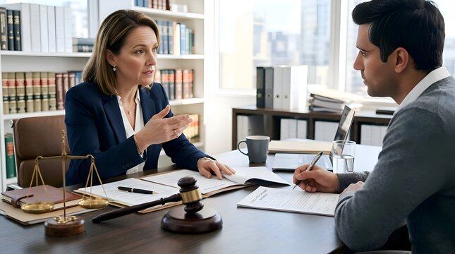 Lawyer Advising Client in Office with Bookshelf and Gavel