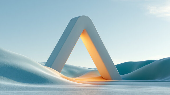 Abstract minimalist white triangular arch with warm glowing light in a snowy dune landscape, 3D rendering