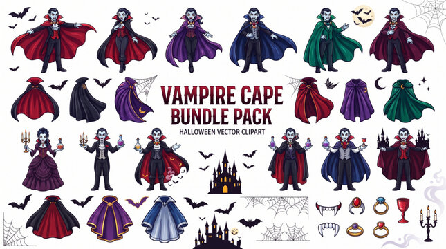 Vampire cape bundle pack Halloween vector clipart set featuring dracula characters in various poses with colorful cloaks spooky gothic icons bats haunted castle spiderwebs and horror design elements