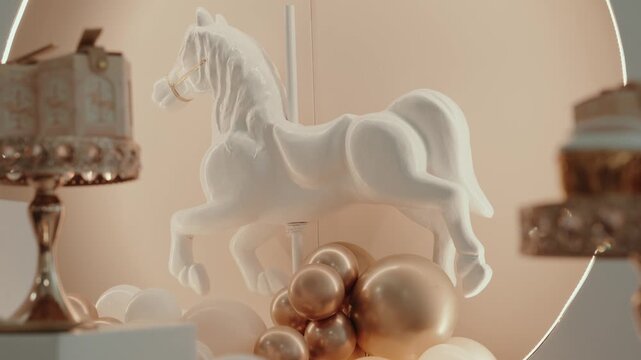 White carousel horse statue with gold balloons and favor boxes against a soft beige christening backdrop