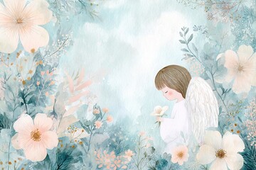 Fototapeta premium Delicate watercolor composition of communion invitation with angel motif and gentle flowers on soft pastel background. Ideal for church events, sacramental announcements, spiritual stationery design
