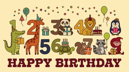 Fototapeta premium Cute Flat Style Vector Illustration of Numbers 1-9 with Animals and Gifts for Happy Birthday Celebration, Festive Party Elements with Balloons and Confetti, Pastel Color Palette