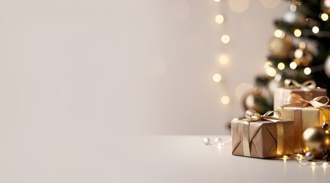 Wrapped Christmas gifts on a table with blurred festive tree lights background.