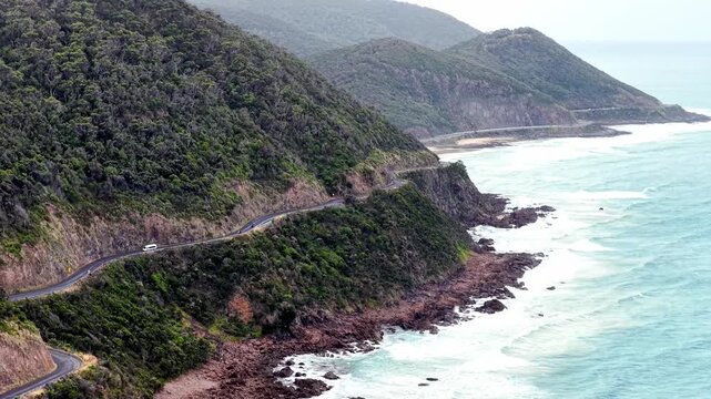 Hill ranges and cliffs of Great Ocean road on Australian South Ocean coast in Victoria.