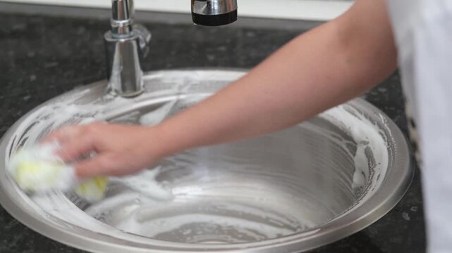 Hand rinsing a kitchen sponge under running water in a stainless steel sink
