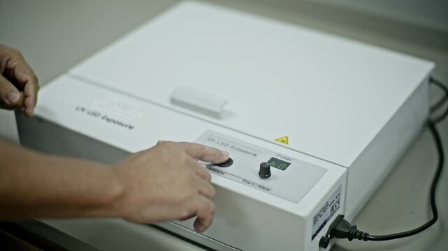 lose up shot of a technician's hands pressing buttons on the control panel of a white UV LED exposure machine in a laboratory