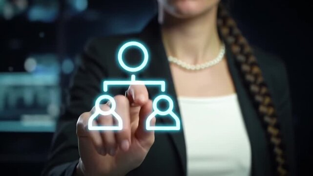 Businesswoman interacting with digital organizational chart icon for corporate hierarchy