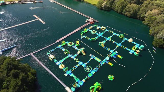 The New Forest Water Park, located near Fordingbridge in Hampshire, England, features one of the UK's first and largest outdoor floating inflatable aqua parks set on a scenic freshwater lake.