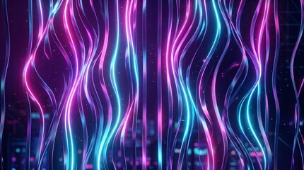 Fototapeta premium Vertical glowing neon wave lines on dark background with vertical, abstract