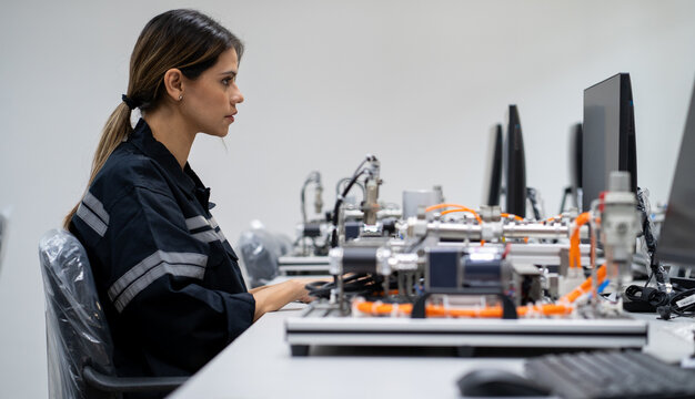 Computer science development engineer working on robotic arm connection and control at electronic futuristic technology center. Modern people training in industry 4.0 automated engineering workshop