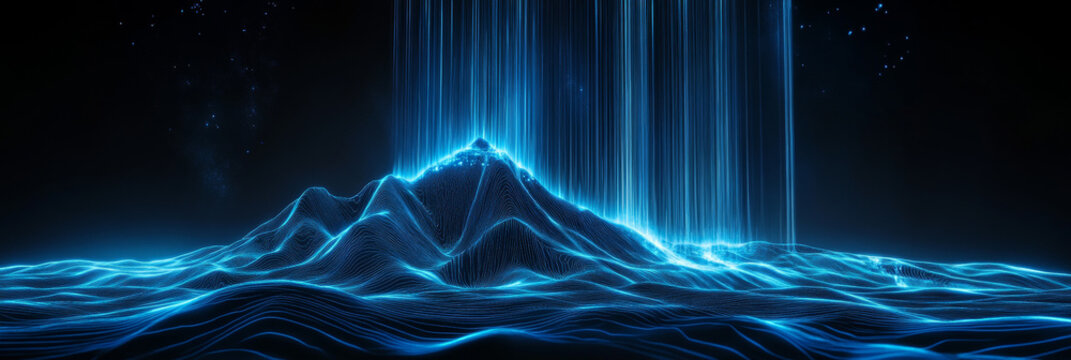 Abstract blue digital data mountain with glowing light rays on dark background, technology 3D render
