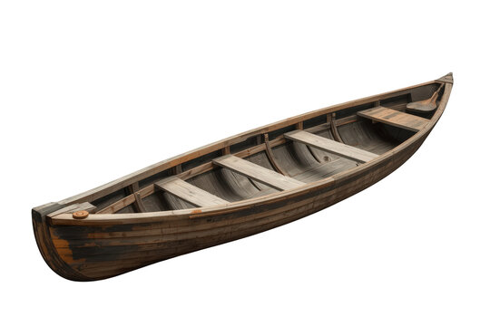Wooden rowboat featuring seats and a single oar, providing a vintage feel for themes of recreation and exploration
