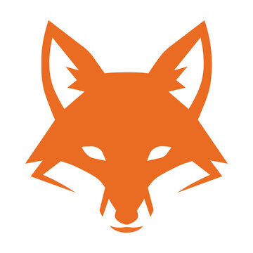Stylized geometric fox head with sharp triangular ears and bold orange and white color blocks on a solid white background, modern minimalist animal design