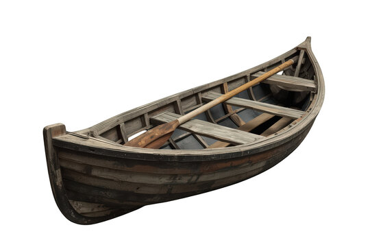 Old wooden rowboat with a paddle, ready for a serene lake journey, isolated on transparent background