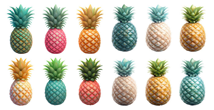 A collection of colorful pineapples with various shades and textures isolated on transparent background