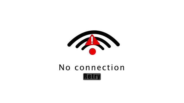 Retry button error with no internet connection animation on white background, no connection offline wi fi 4k video animation.