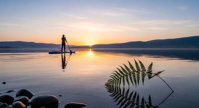 Sunset paddleboarding serene lake scene with silhouette of person