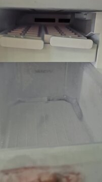 ​A Hand Opening and Closing an Empty Ice Storage Drawer Inside a Refrigerator Freezer