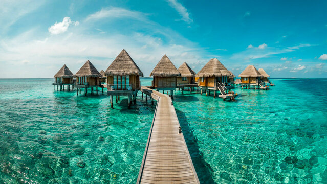 Panoramic view of stunning overwater bungalows in a luxurious tropical resort with crystal-clear turquoise water