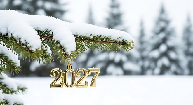 Golden 2027 new year ornament on snowy evergreen branch
