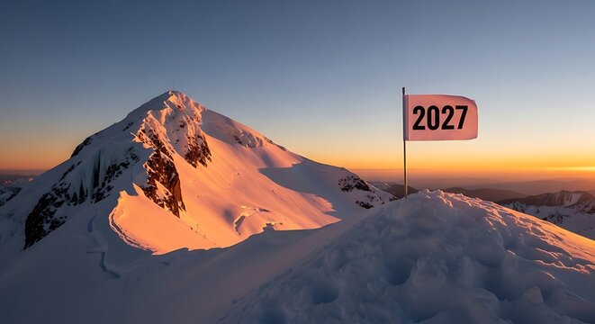 Mountain peak with 2027 flag at sunrise achievement concept