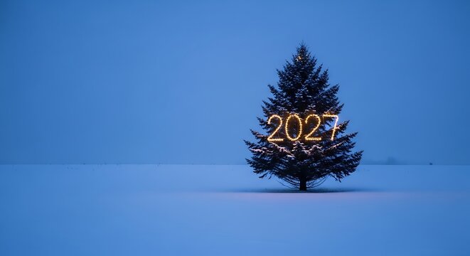 Winter landscape with illuminated '2027' new year tree