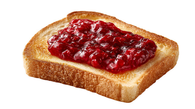 A slice of toasted white bread with a generous helping of red jam on transparent background