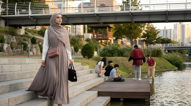 Elegant Muslim Woman in Taupe Hijab and Modest Dress Walking Down Stone Steps by a River in a Modern Urban Park